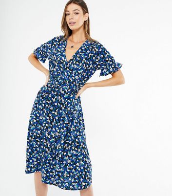 Blue Floral Wrap Midi Dress | New Look